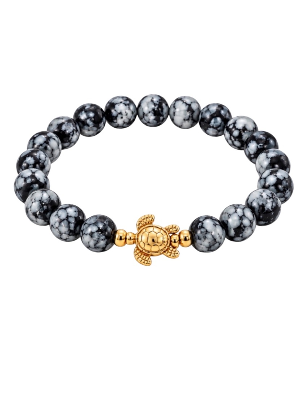 New Agate Stone Beaded Stretch Bracelet with Gold Turtle Charm